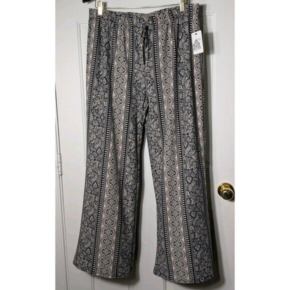 NWT Wilde Drawstring Pants Womens 1X XL Black Beige Damask Striped Wide Leg Boho - Picture 1 of 8